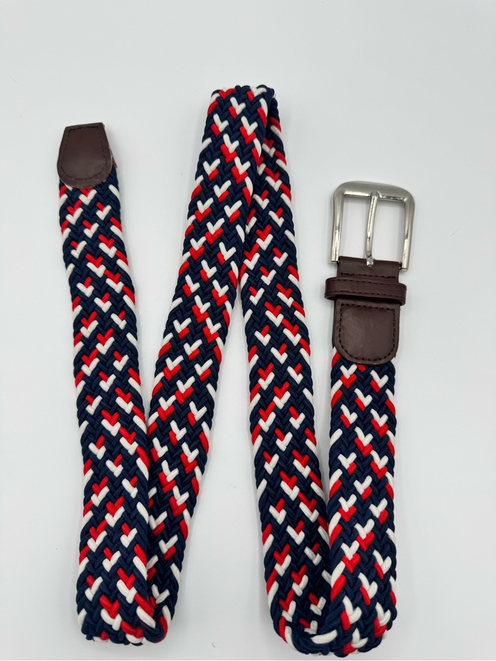 Vintage Braided Stretch Belt Navy Red White Brown Leather Trim Preppy Nautical